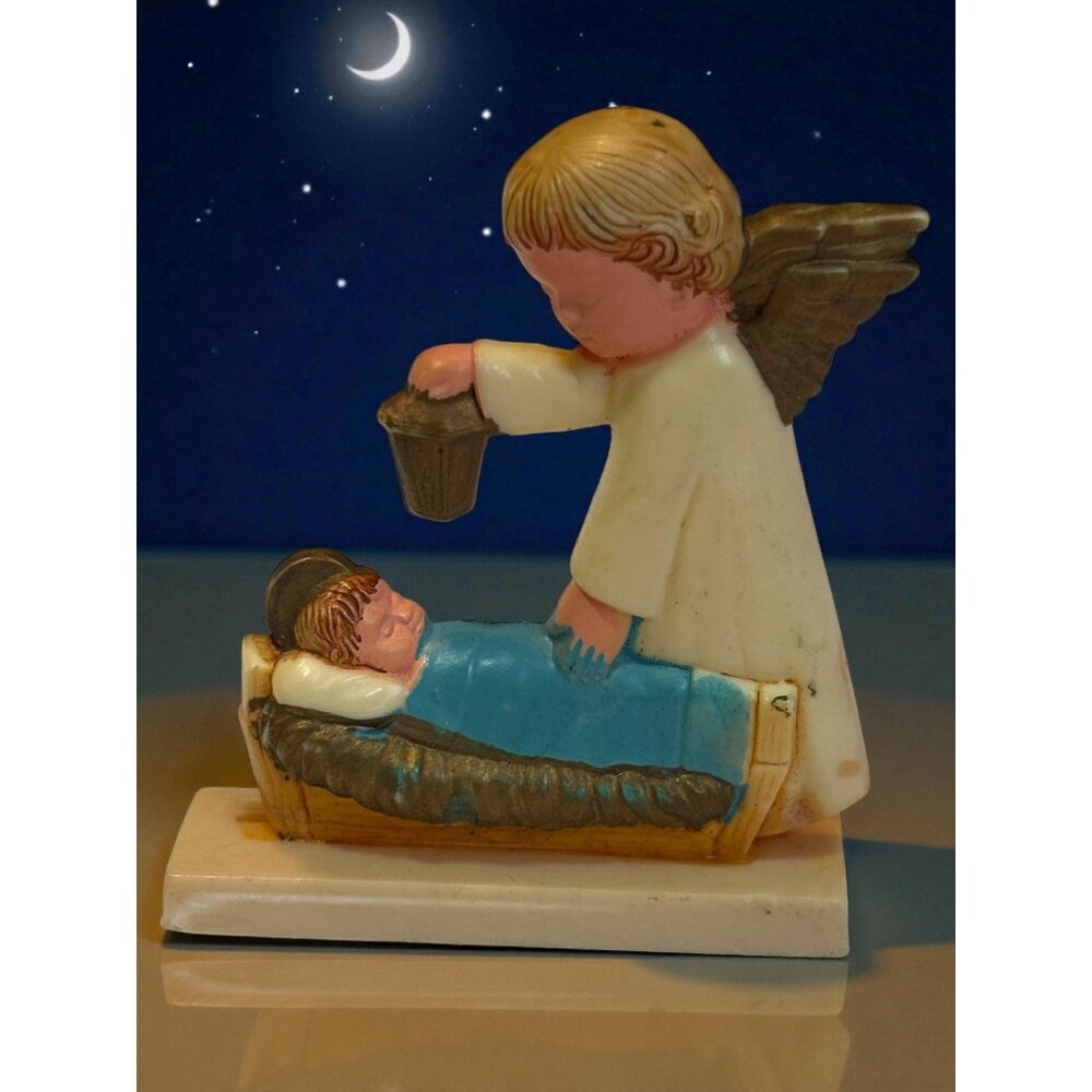 Vintage Christmas Angel & Jesus Figurine In Crib Scene Nativity 3d Plastic Relig